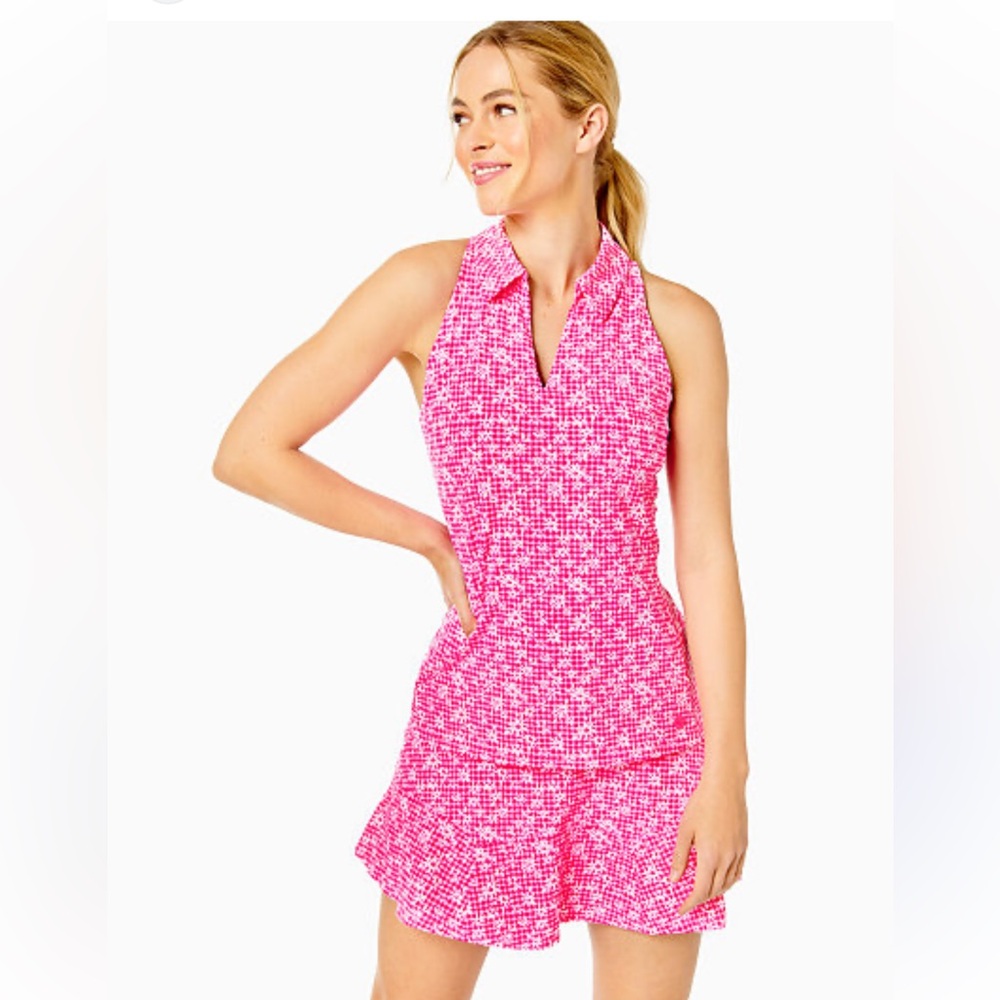 Lilly Pulitzer Aura Pink Check You Out Gingham SM SKORT MED LAKELYN POLO TOP.